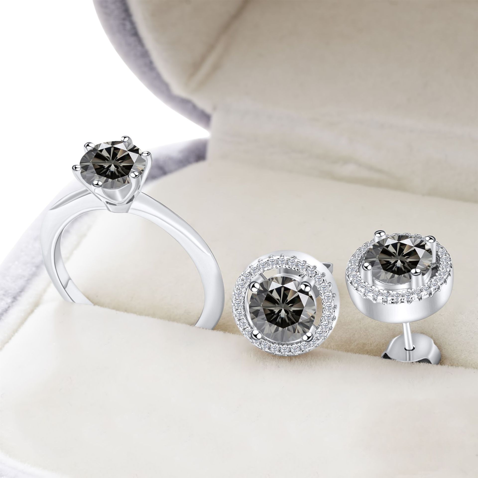 S925 Sterling Silver Moissanite Diamond Set Earrings Ring Set with Certificate Test Diamond Pen Sterling Silver Jewelry Set