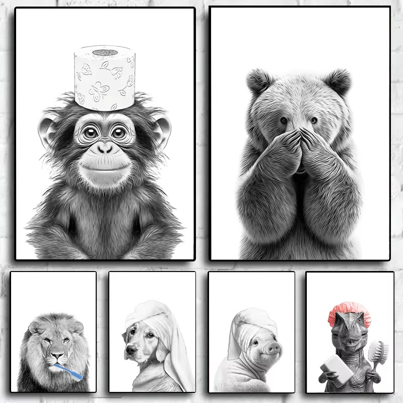 Продажа на AliExpress черно-белая ванная комната животные кот собака туалет холст живопись декоративная картина постер