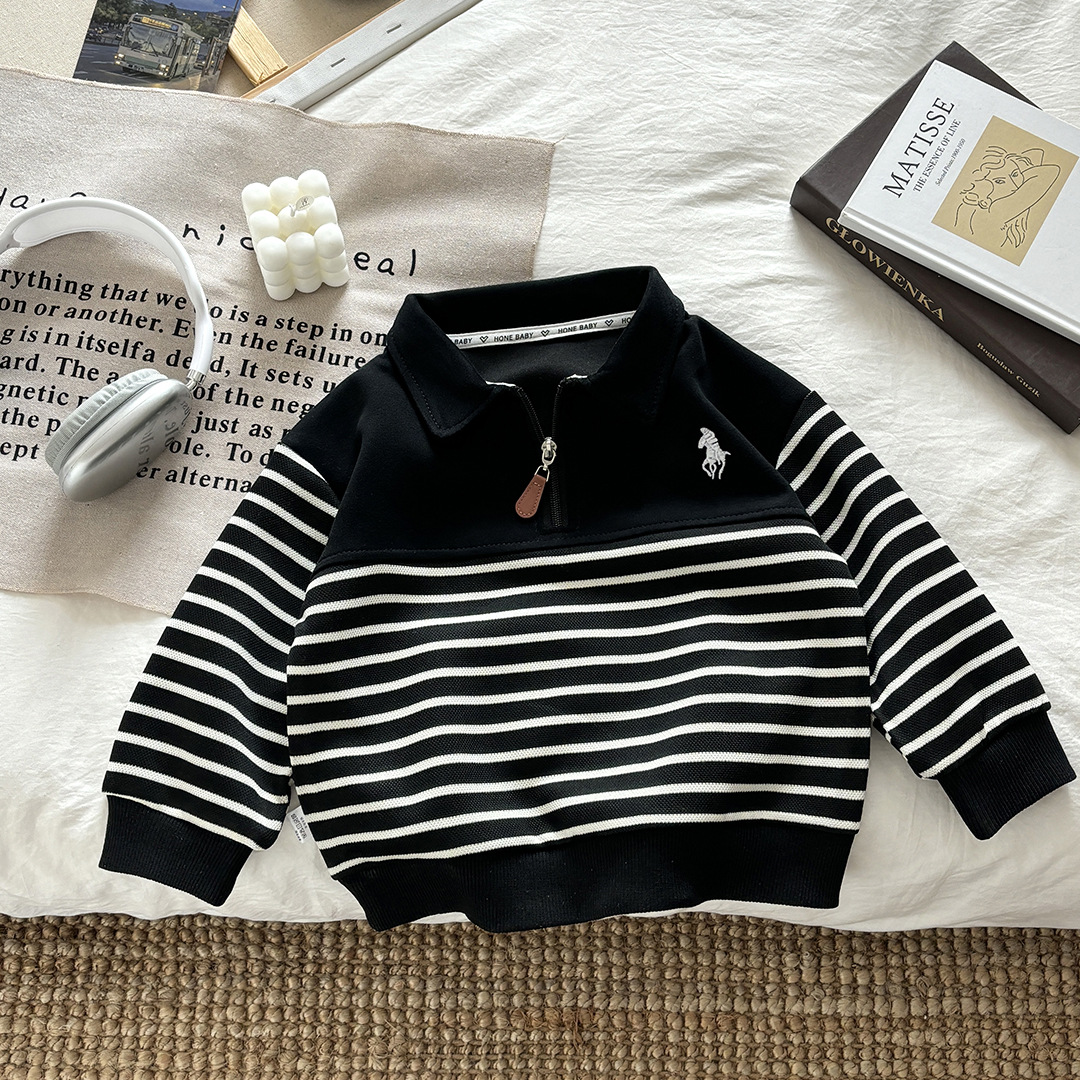 Children's Sweatshirt 2025 Autum New Style Zipper Polo Collar Long-Sleeved Stripesd Splicing Versatile Top for Men and Women