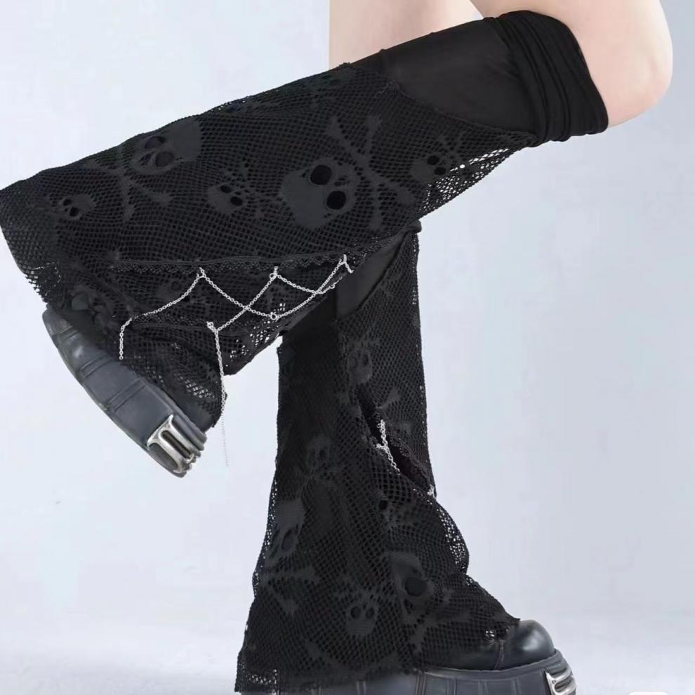 Skull Over-The-Knee Leg Warmers, Sexy High Stockings, Hollow Dark Subculture Calf Socks, Mesh Flared Pile Socks
