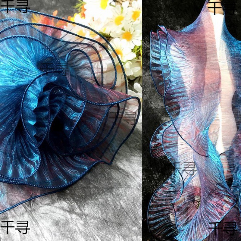 Lace Yarn Pleated 1.0m Fabric Organza Lace Wave Design Mermaid Big Designer Formal Dress Liuli Rice Price Stand