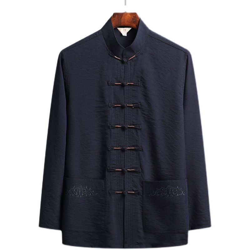 Middle-Aged and Elderly Men's Tang Suit Long-Sleeved Cotton and Linen Suit Dad's Spring and Summer Chinese Tai Chi Suit Hanfu Grandpa's Suit