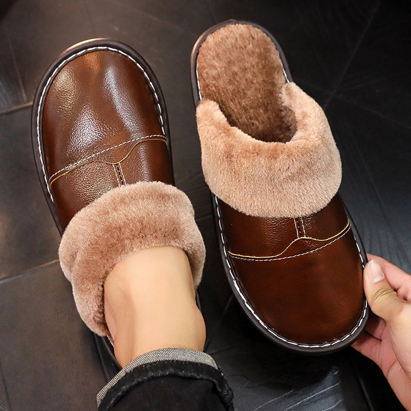 First-Layer Cowhide Furry Slippers, Home Shoes, Indoor Men and Women Couple Gifts, Special Non-Slip Home Slippers for Sales