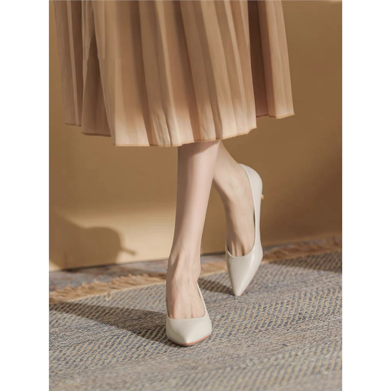 2025 Spring and Autum 5cm Nude High Heels Women's Stiletto New Shallow Mouth Bridesmaid Shoes Pointed Toe Flats Genuine Leather