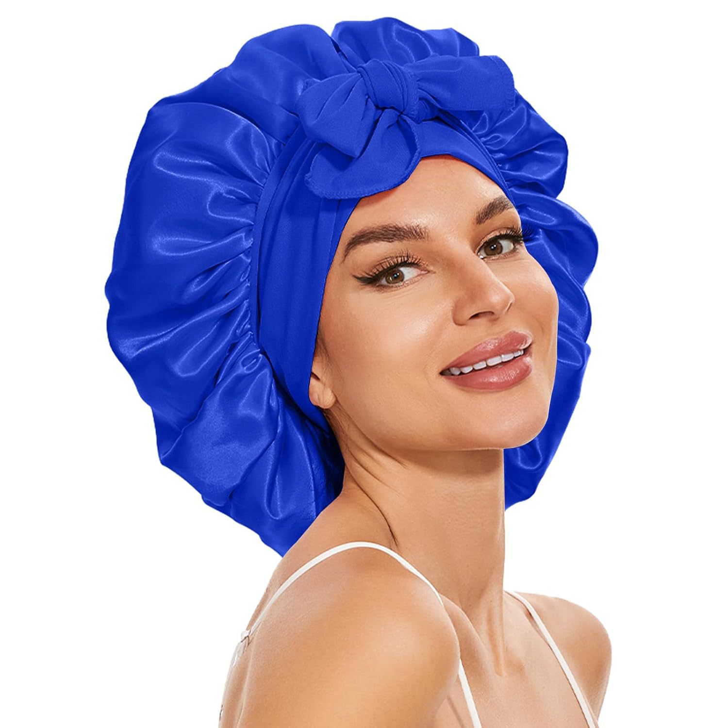 Amazon Hot Sale Imitation Silk Nightcap Stretch Ribbon Sedin Round Hat Large Hair Care Cap Solid Color Beauty Tape Hat