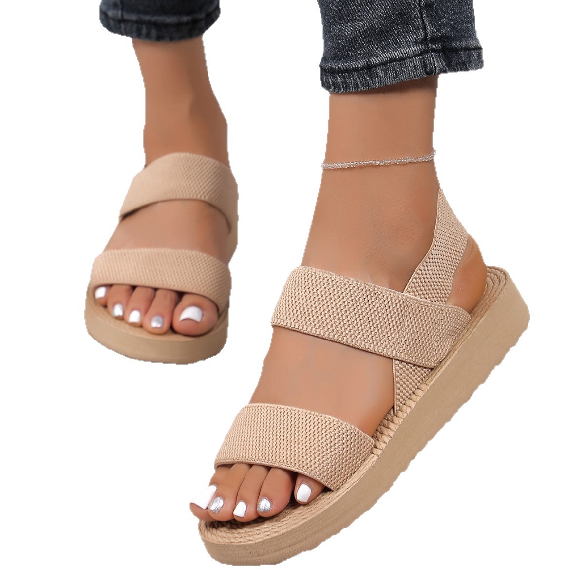 New Sandals for Women, Summer Fashionable Outer Wear, Wedge Heels, Flat Bottoms, Cross-Border Imitation Hemp Rope, Students, Roman Seaside Beach, Lightweight