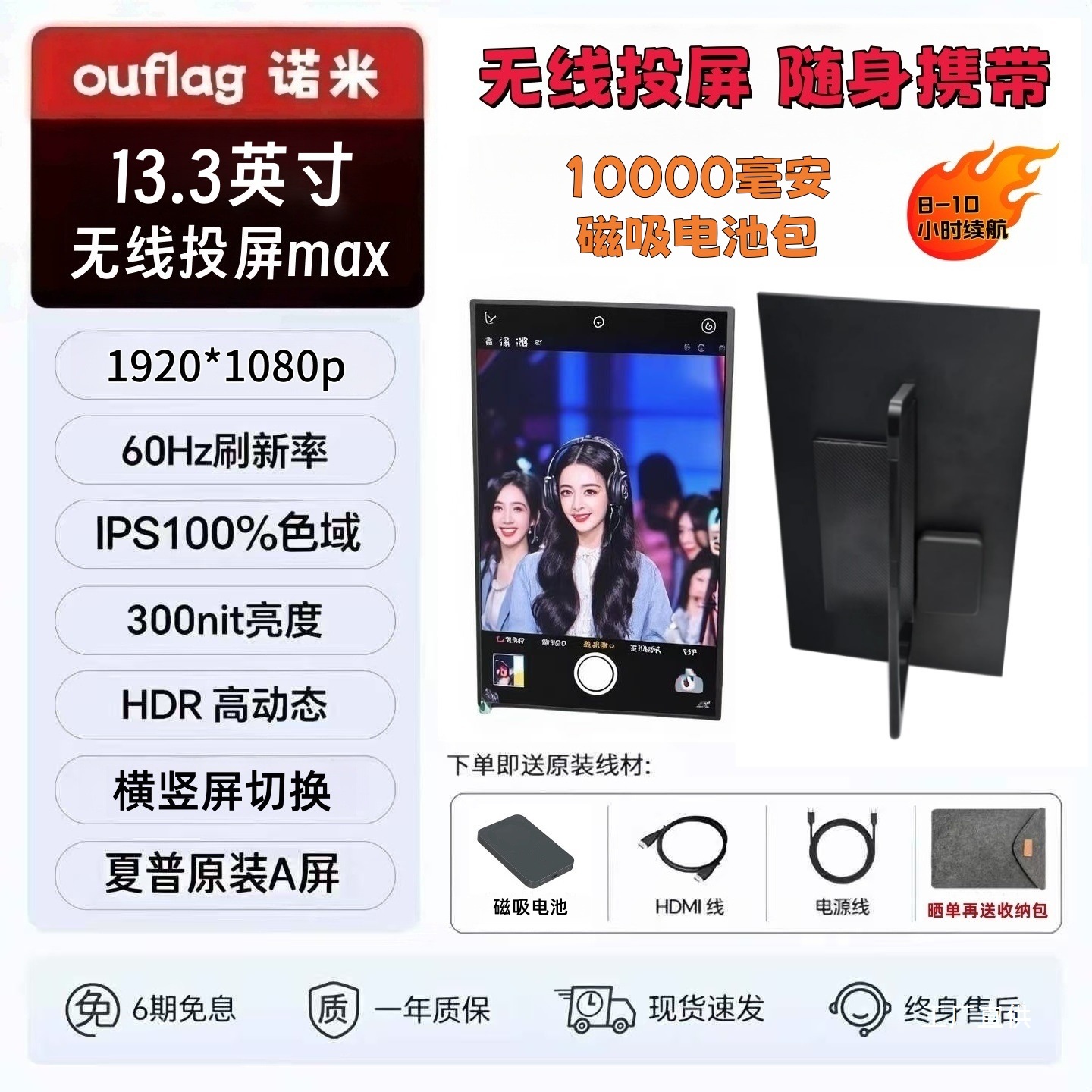 Portable Monitor, Wireless Screen Projection for Mobile Phones, Laptop Extended Screen, Portable Secondary Screen for Car, Car Live Streaming