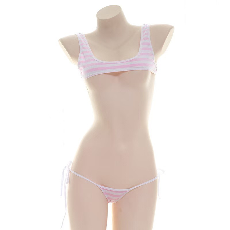 Sexy Fresh Striped Camisole Set with Lace-Up Panties, Japanese Style Figure-Flattering Lingerie Set for Women