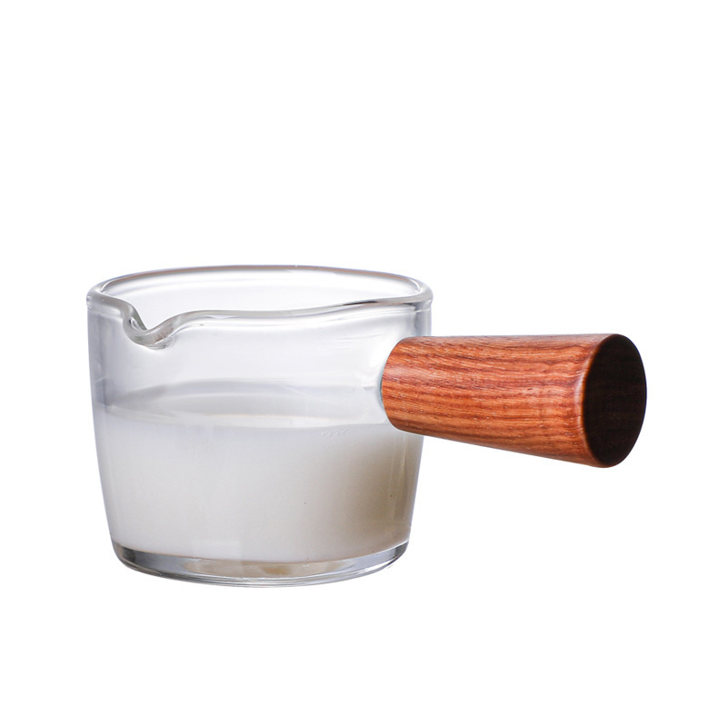 High-Temperature Resistant Glass Mini Milk Jug Dipping Dish High Borosilicate Coffee Latte Cup Milk Jug Wooden Handle Small Milk Cup Measuring Cup