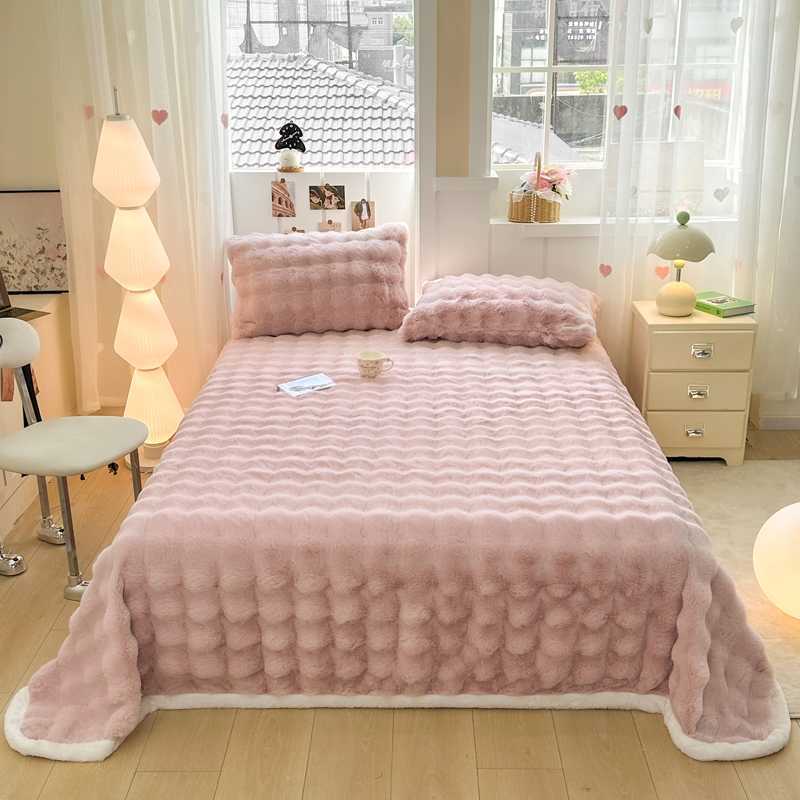 Nantong Home Textile Bed 2025 New Thickened Solid Color Rabbit Fur Plush Bubble Single Bed Sheet Group Buying Wholesale