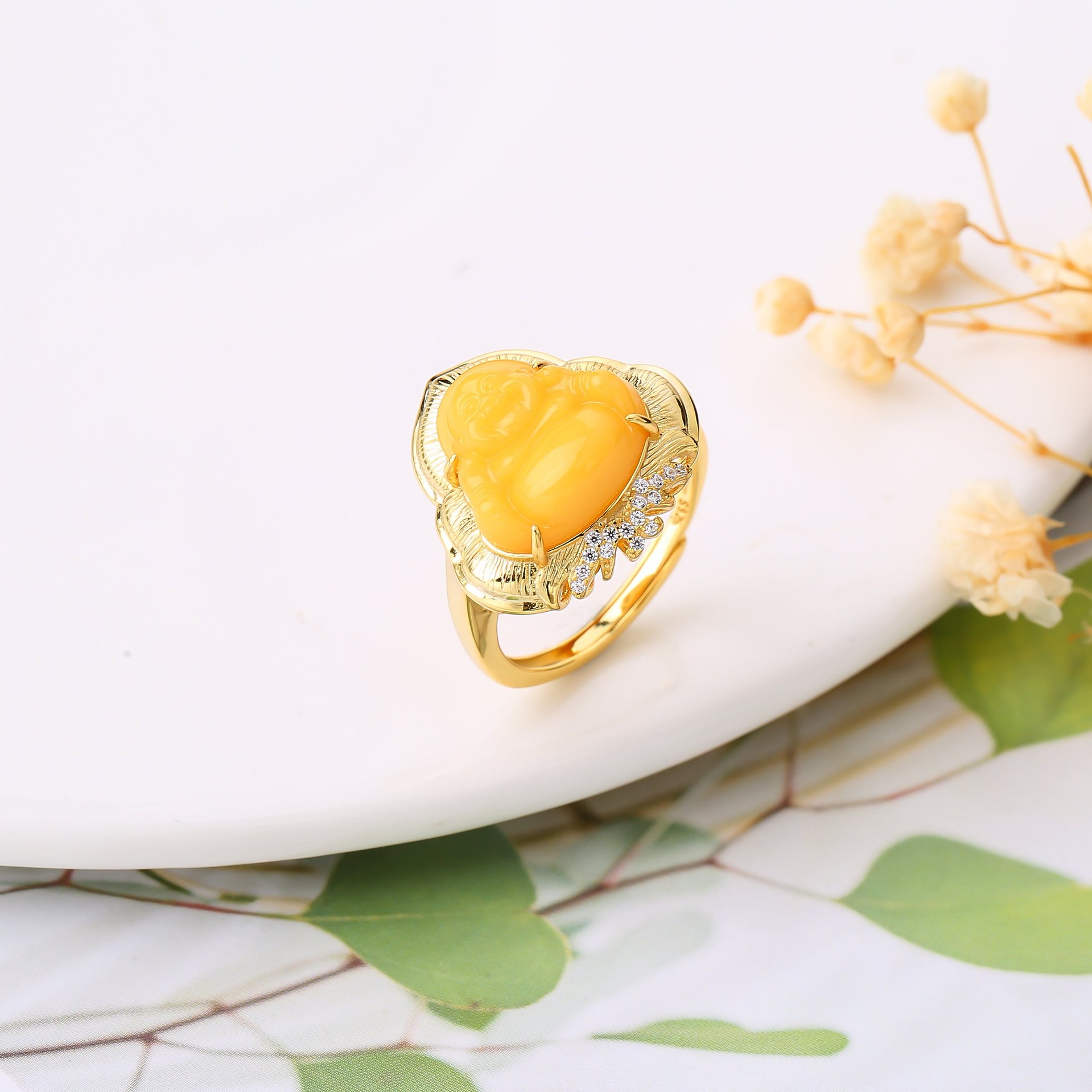 S925 Silver Natural Russian Old Beeswax Pendant Amber Chinese Style Simple Brushed Maitreya Buddha Pendant Ring Set