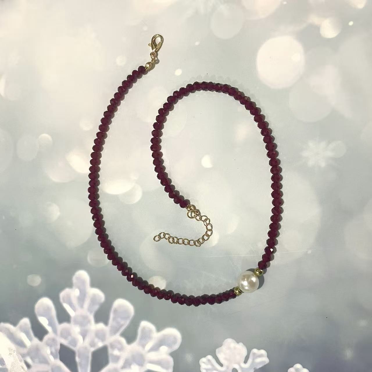 European and American Cross-Border Jewelry Fashion Glass Crystal Flat Beads Burgundy Necklace Imitation Pearl Women's Clavicle Chain Necklace