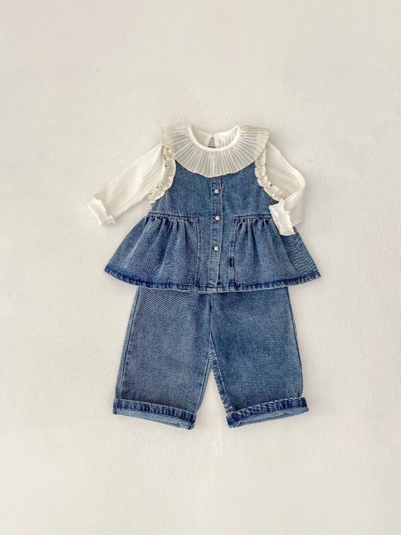 Children's Suit New Autum Korean Style Girls' Fashionable Long-Sleeved Denim Vest Skirt Casual Pants Two-Piece Set