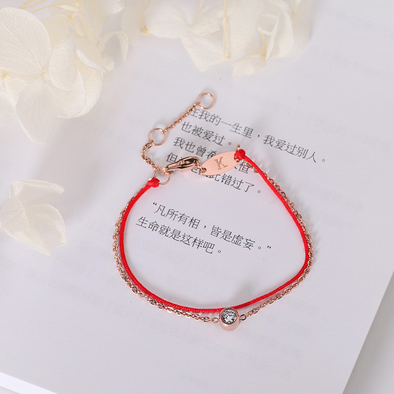 Hot Rose Gold Diamond Single Diamond Double Layer Red Rope Bracelet for Women in the Year of the Monkey and the Year of the Monkey, Korean Style Titanium Steel Bracelet