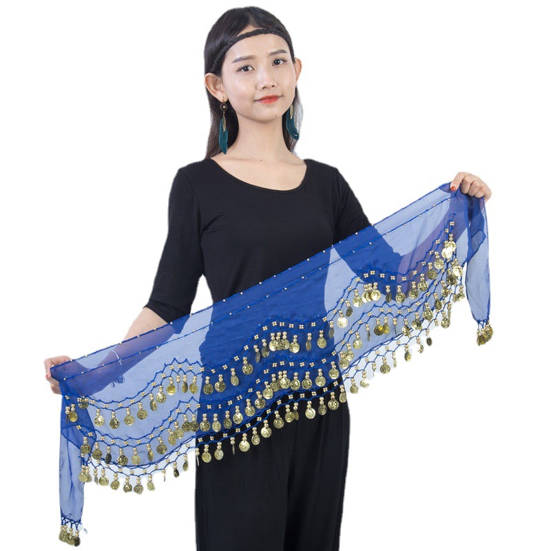 Spot wholesale belly dance waist chain 128 gold coin Indian dance three-layer chiffon belt hip towel accessories generation hair