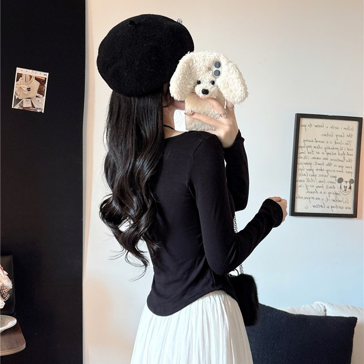 5053 # Pure Desire Halter Neck Faux Two-Piece Brushed Long-Sleeve T-Shirt for Women, Autumn Bow Tie Tie-Up Base Layer Short Top