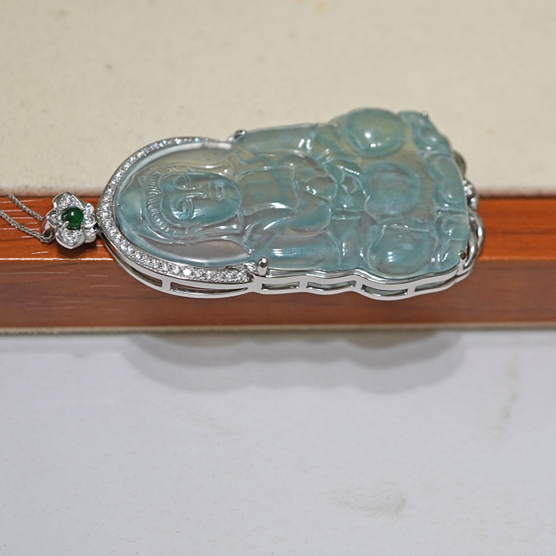 Platinum Pt950 Cultivated Diamond Jade Guanyin Inlaid Full Diamond Pendant