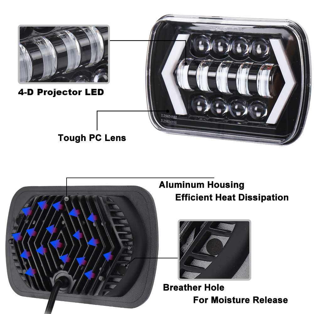 5X7 Square Wrangler Headlight 5x77inch Cherokee Headlight 55W Led Work Lights Truck