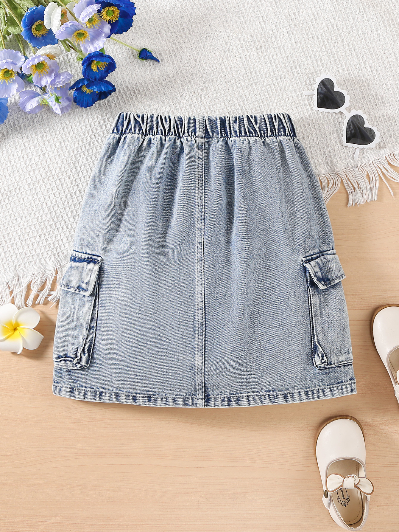 Girls' Casual Fashion Personality Outfit with Side Cargo Pockets, Washed Denim Skirt, Summer Style