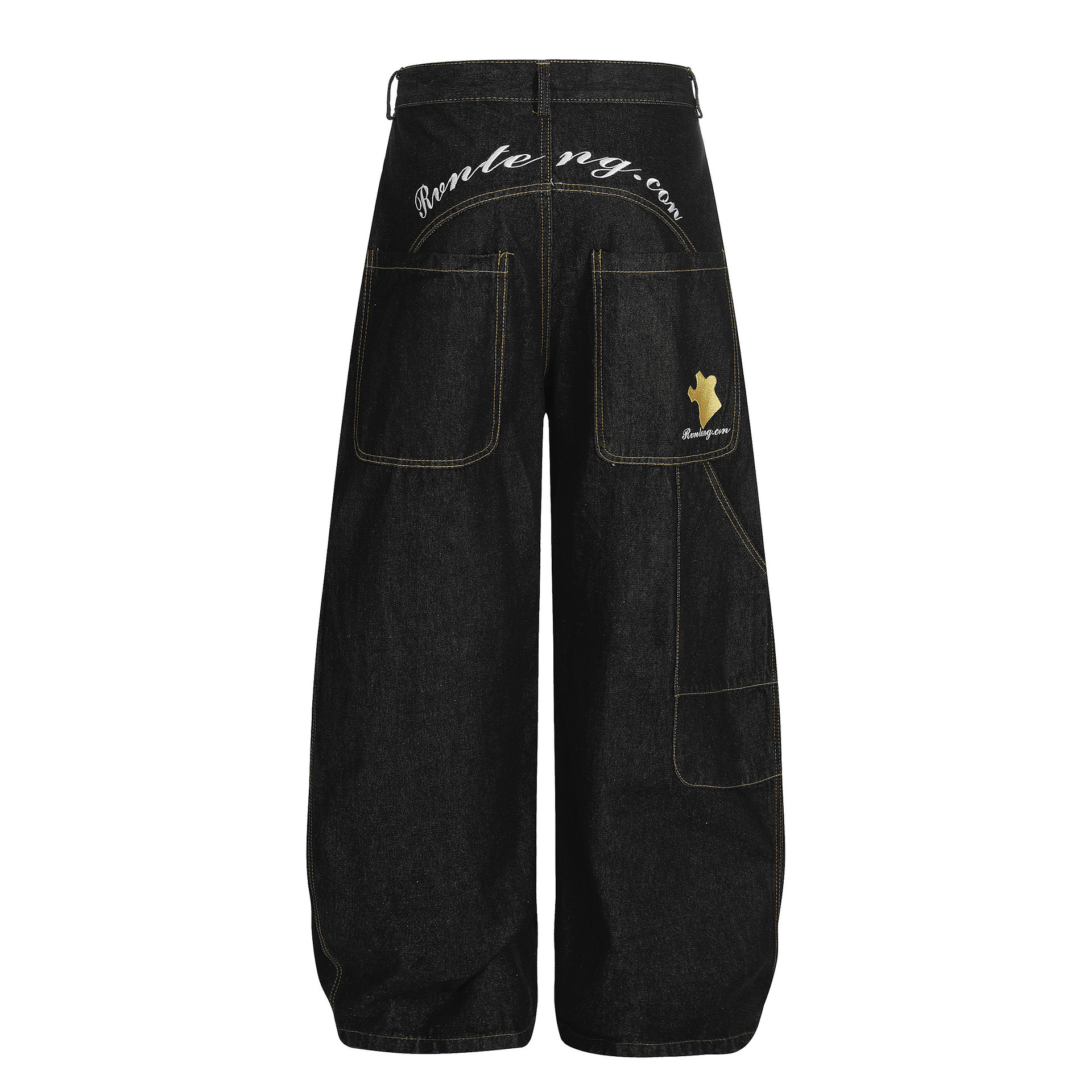 Cross-Border Retro High Street Back Embroidered Letters Washed Jeans for Men and Women Casual Scimitar Wide-Leg Pants Loose Trousers