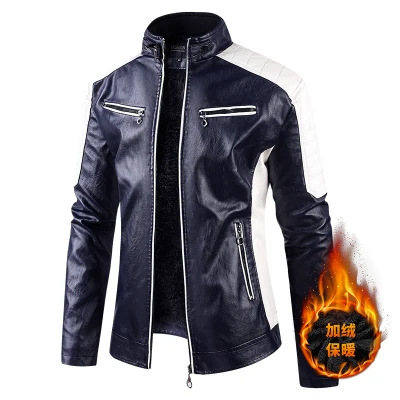 2025 cross-border foreign trade autumn and winter leisure motorcycle stitching leather jacket men's fashion stand collar retro warm leather jacket