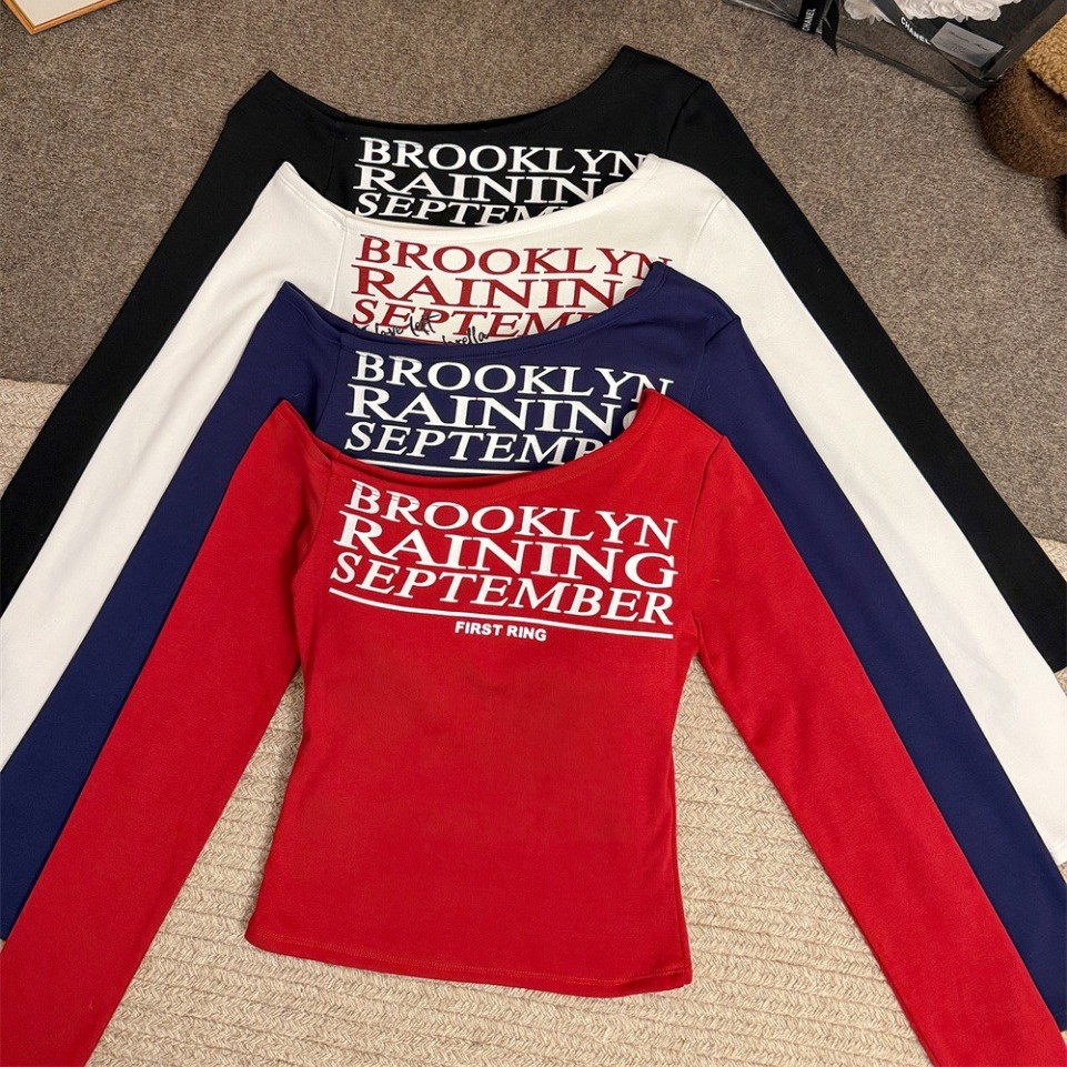 5175 # American Sexy Sexy Off-Shoulder Long-Sleeved T-Shirt for Women with Tight Inner Fit and Slim Waist Belt and Chest Pad Bottoming Top