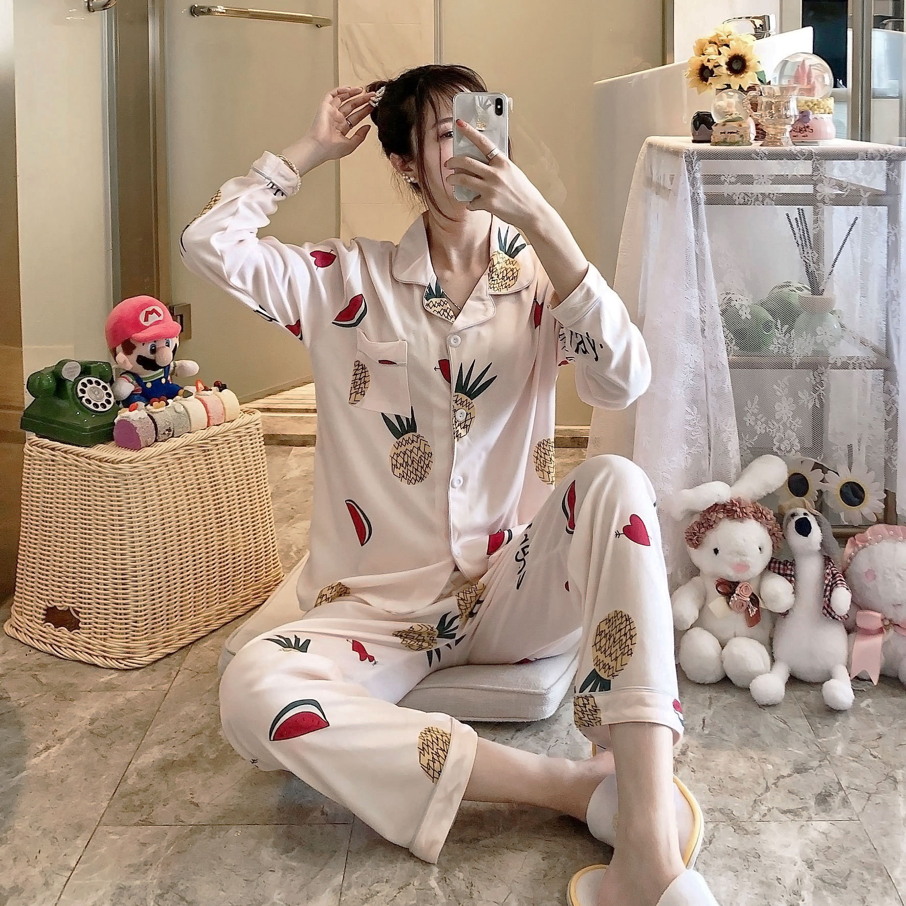 Foreign trade direct sales pajamas women's spring and autumn lapel long sleeve sweet cardigan sweet cartoon student ins home wear suit