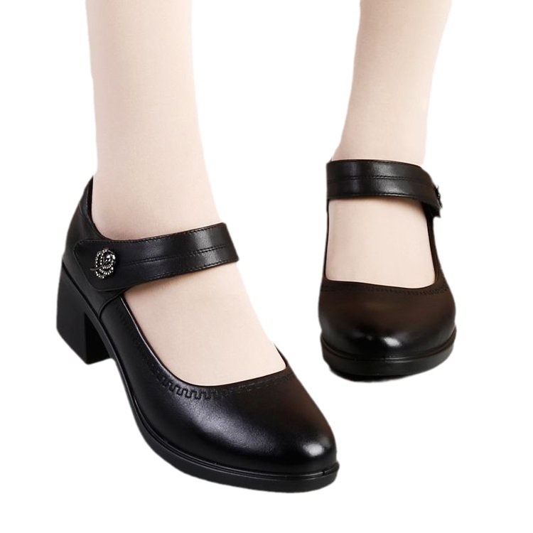 Foreign Trade Genuine Soft Leather Soft Sole Flats for Women 2025 New Medium Heel Mom Shoes Thick Heel Flats Bottom Round Toe Korean Style Small Leather Shoes