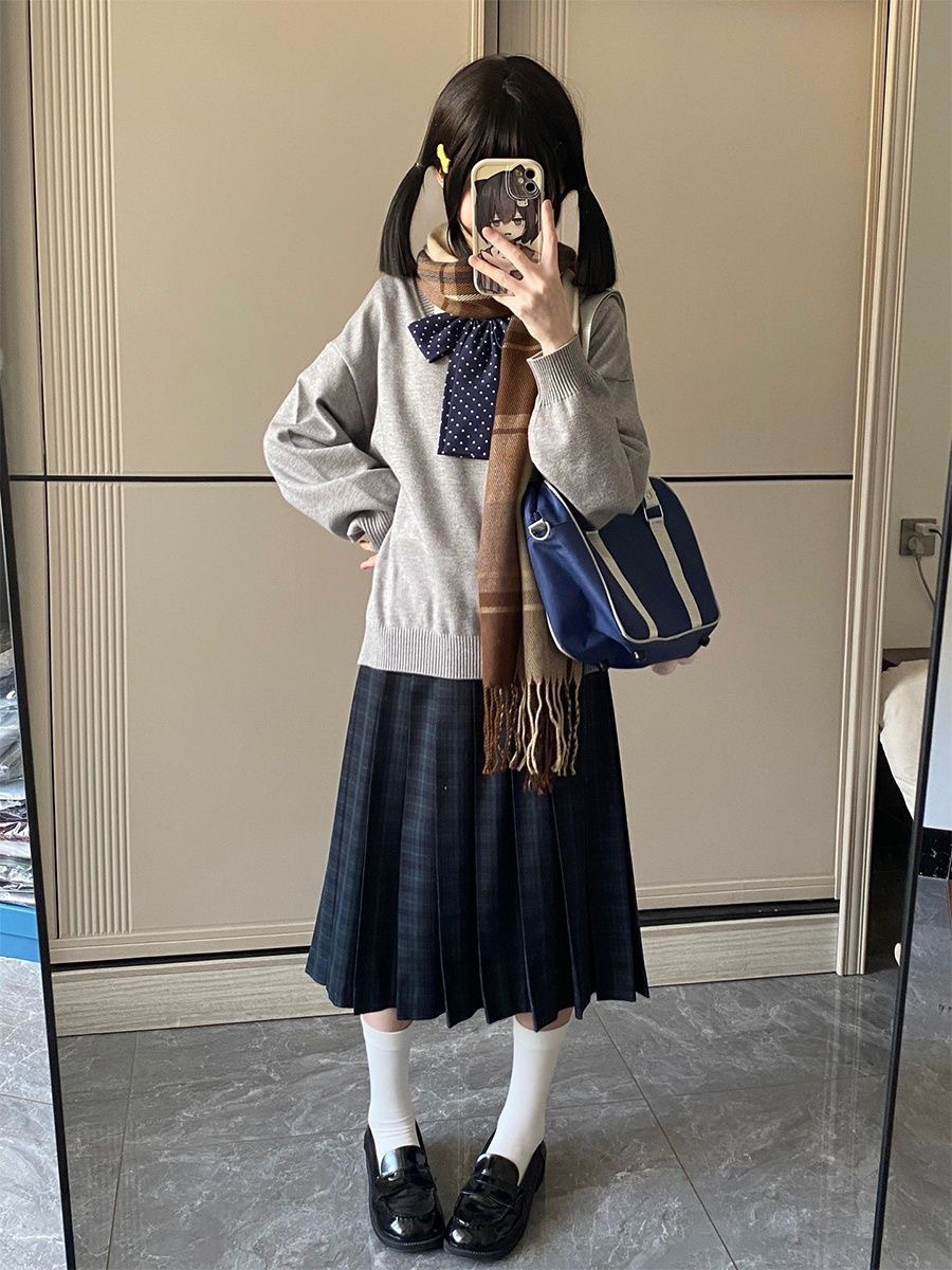 Seaweed Mid-Skirt Jk Uniform Japanese Style Petite Wear Knitted Sweater Long-Sleeved Preppy Style Long Skirt Autumn and Winter Suit