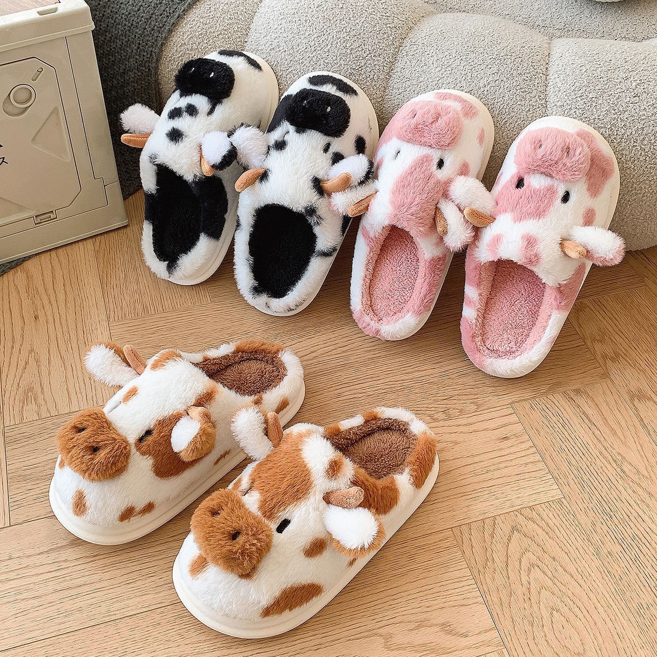 New Baotou Spotted Cow Fur Slippers for Indoor Home Use Cotton Slippers Fleece-Lined Warm Thick Sole Plush Autumn and Winter