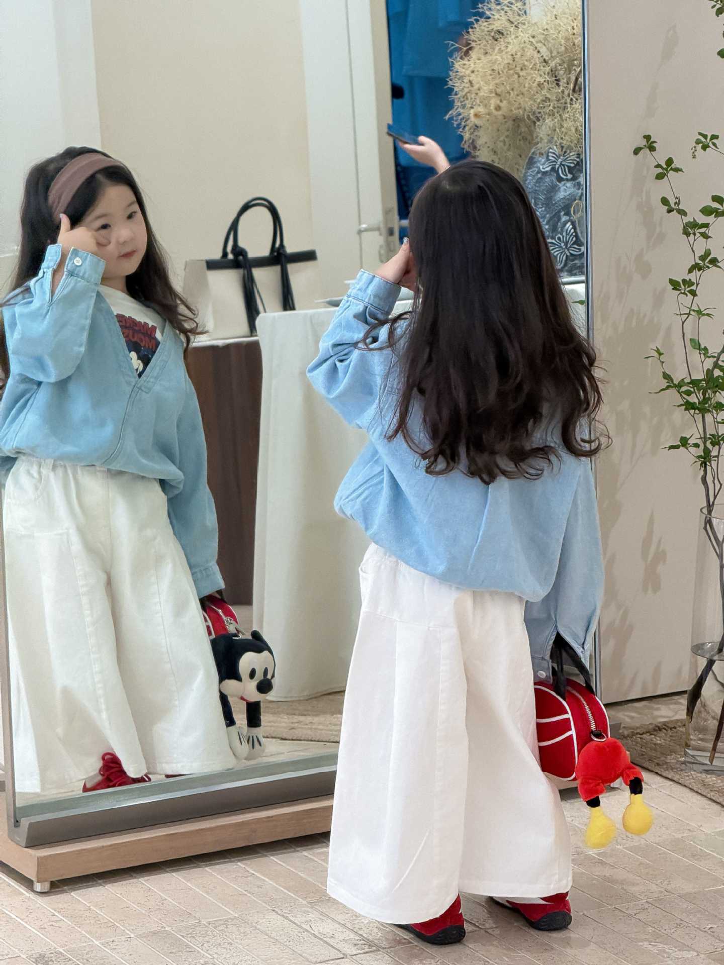 2025 New Autum Children's Clothing Korean Style Children's Clothing Girls Cartoon Fake Two-Piece Denim Shirt Liu Tianxian Wear