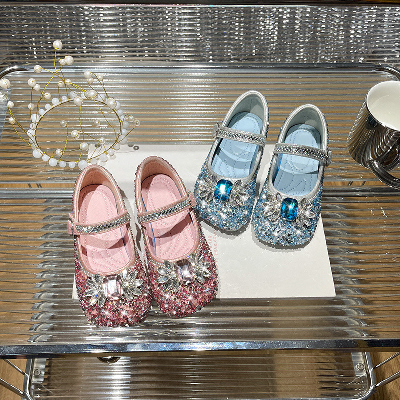 Girls Princess Shoes 2025 Spring and Autumn New Rhinestone Shiny Elsa Catwalk Shoes Non-Slip Soft Sole Girls' Peas Shoes
