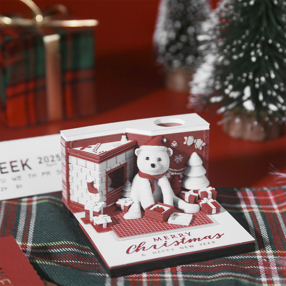 2026 Christmas Gift 3D Stereo Calendar Paper Carving Note Creative Christmas Little White Bear Hand-Tearable Note Pad