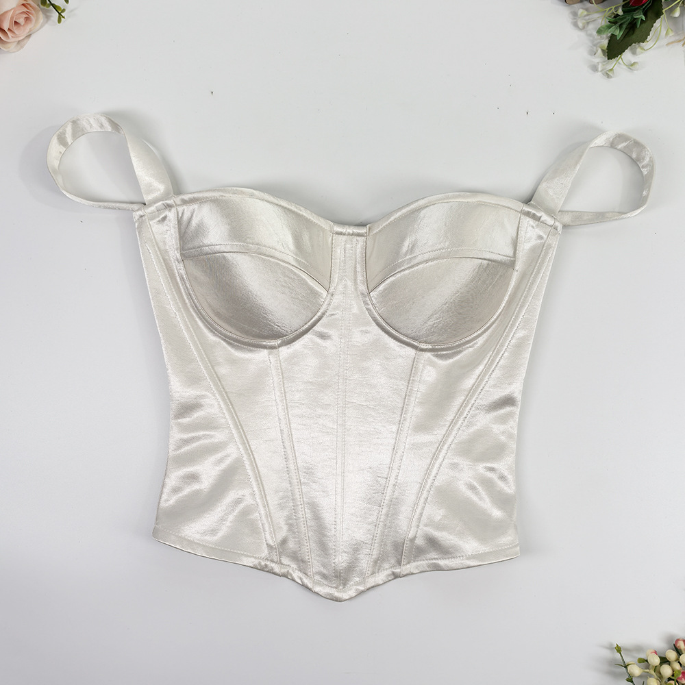 Acetate Satin Camisole Tube Top Bra for Outerwear, Nordic Style, Push-Up, Beautiful Back, Side Breast Gathering, Fishbone Bra