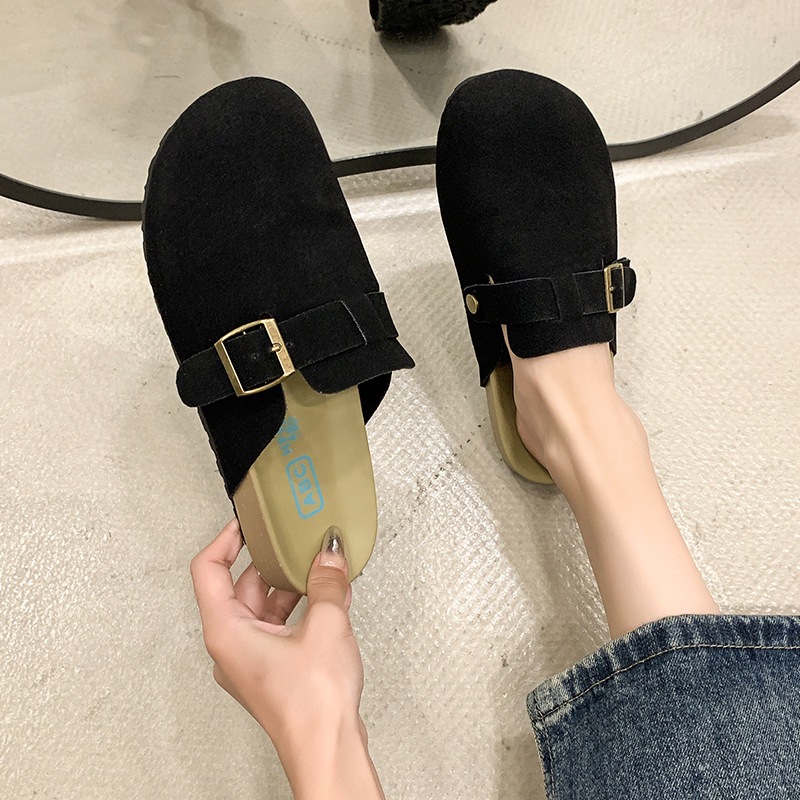 Slippers for Women 2024 Autumn and Winter New Retro Baotou Half Slippers Women's Slip-On Slip-Ons Belt Buckle Birkenstock Shoes