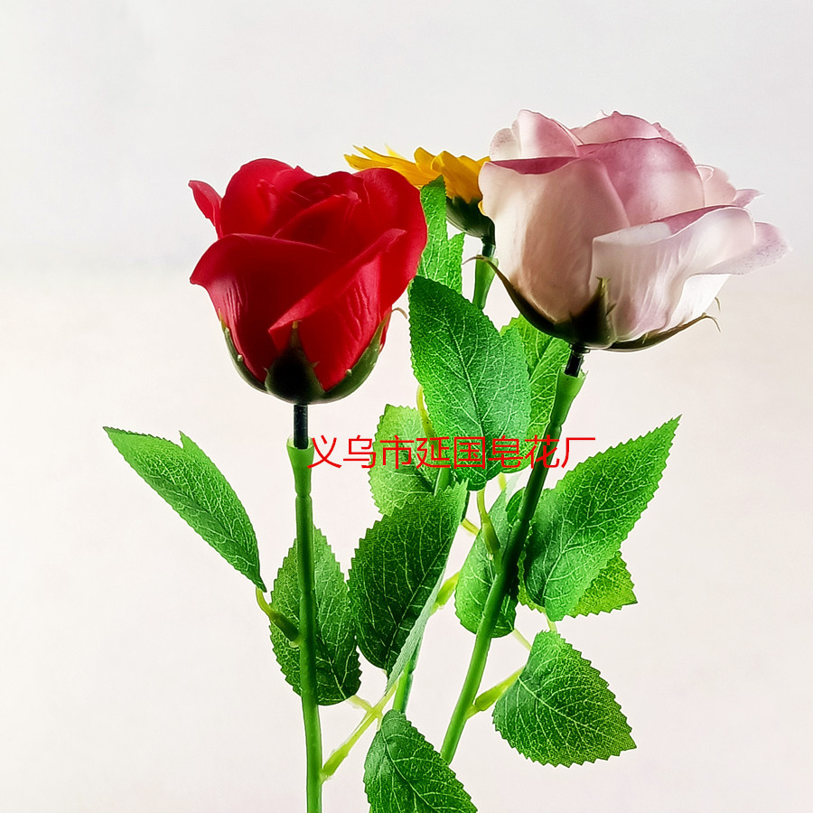 Bold Single Rose Artificial Flower Pole Silk Screen Leaf with Soap Flower Pole with Soap Flower Thick Packaging Material