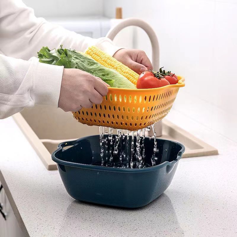 Eight-Piece Drain Basket Set, Multifunctional Plastic Kitchen Drip Vegetable Washing Basket, Six-Piece Set, Double-Layer Fruit and Vegetable Basket