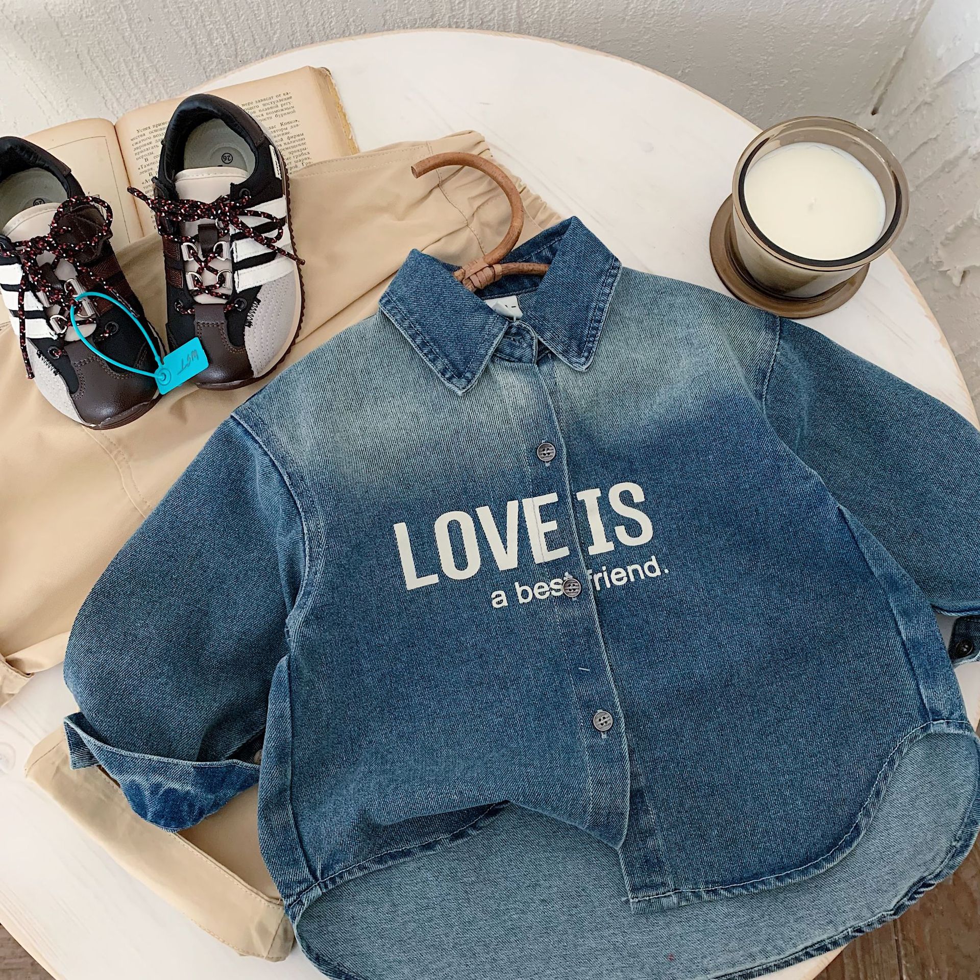 Children's Shirts Bangcheng 2025 Autum New Letter Lapel Denim Clothes for Boys and Girls Retro Shirts Trendy H0058