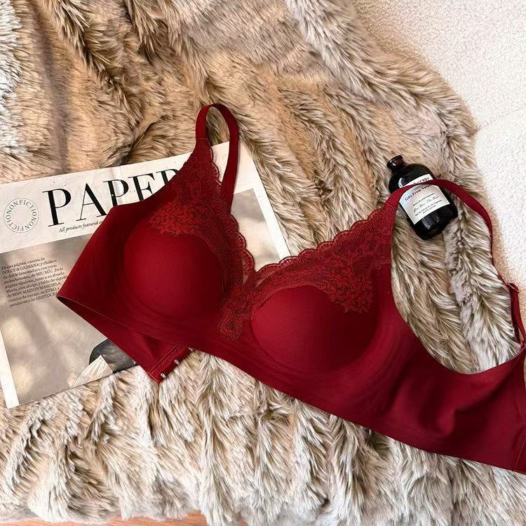 Red Lingerie for Women in Their Zodiac Year, Jelly Strip Lace, Wireless, Small Chest, Push-Up, Anti-Sagging, Side Breast Collection, Sexy Bra