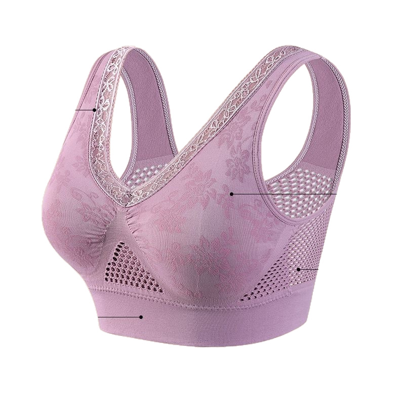 Cross-Border Breathable Underwear for Middle-Aged and Elderly People, Large Size, No Wires, No Traces, Hollow Mesh Printed Thin Sports Yoga Bra