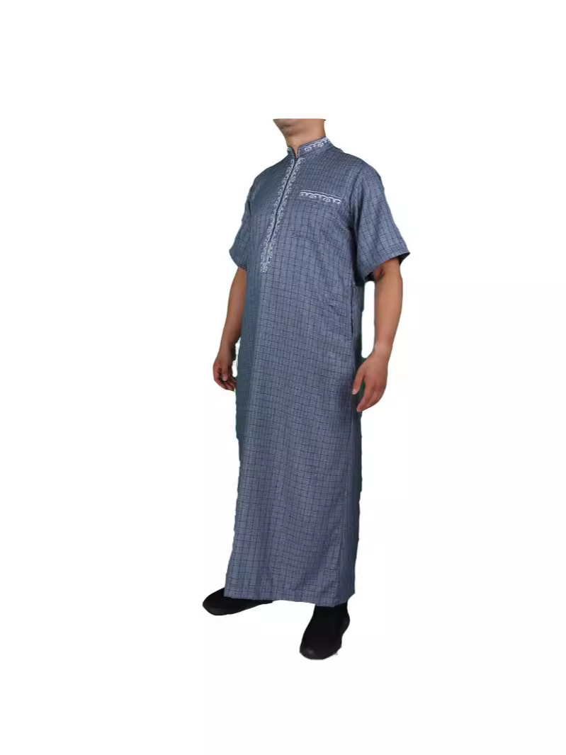 High quality cotton and linen overseas hot popular collar zipper exquisite embroidered plaid pattern with pocket short sleeve