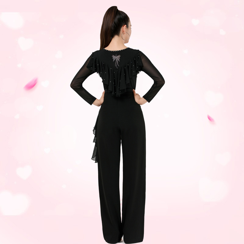 Jitterba Top Women's New Long-sleeved Square Dance Clothing Women's Three-step Color Mesh Hot Drilling Ruffled Dance Clothing