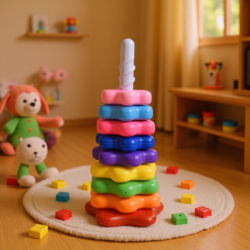 Rotating Turret Toy Rainbow Tower Spinning Fun Jenga Colorful Ring Infant Baby Educational Early Education Toy