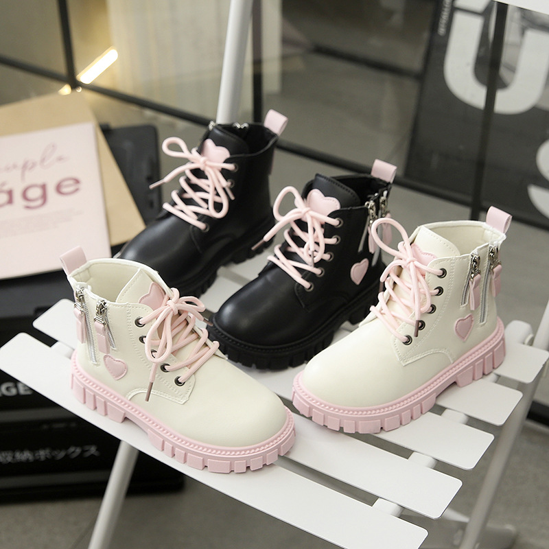 Girls' Side Zipper Boots Autumn and Winter New Kidsren's Boots Girls' Medium and Large Kidsren's Heart Princess Leather Boots Single Boots