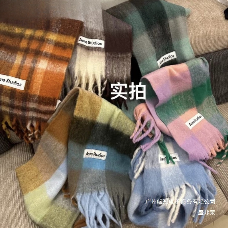 Autumn and Winter New Thickened Warm Rainbow-Colored Plaid Scarf European and American Loop Yarn Thick Tassel Color-Blocking Shawl Universal