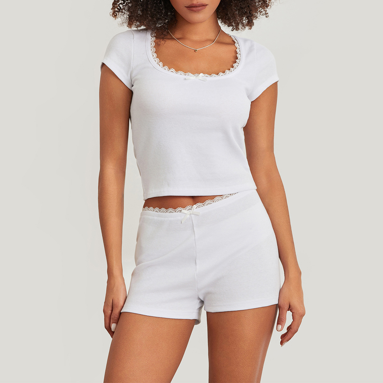 Amazon Lace Stitching Home Two-piece Slim-fit Square Collar Knitted Short Women's Multi-color Casual suit