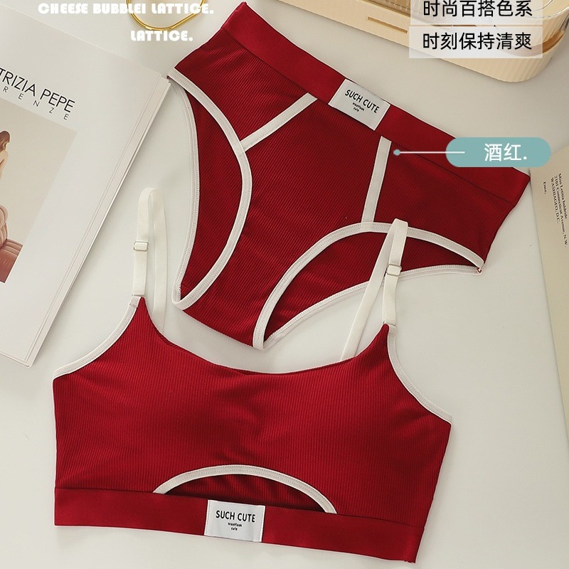 French Style Sexy Underwear Hollow Color Contrast Sling Wrapping Chest Beautiful Back No Steel Ring Comfortable Breathable Bra Briefs Set