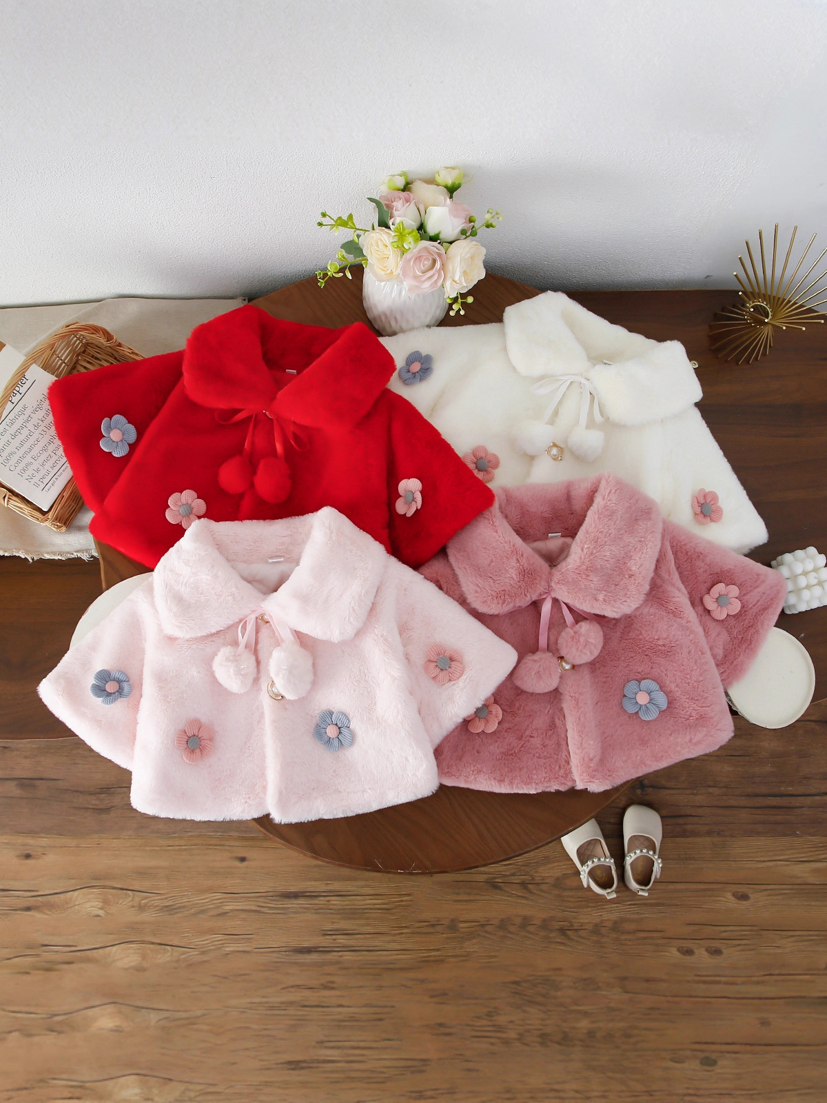 Autumn and Winter New Children's Clothing Wholesale Lapel Imitation Fur Handmade Sunflower Girls Shawl Fur Cloak