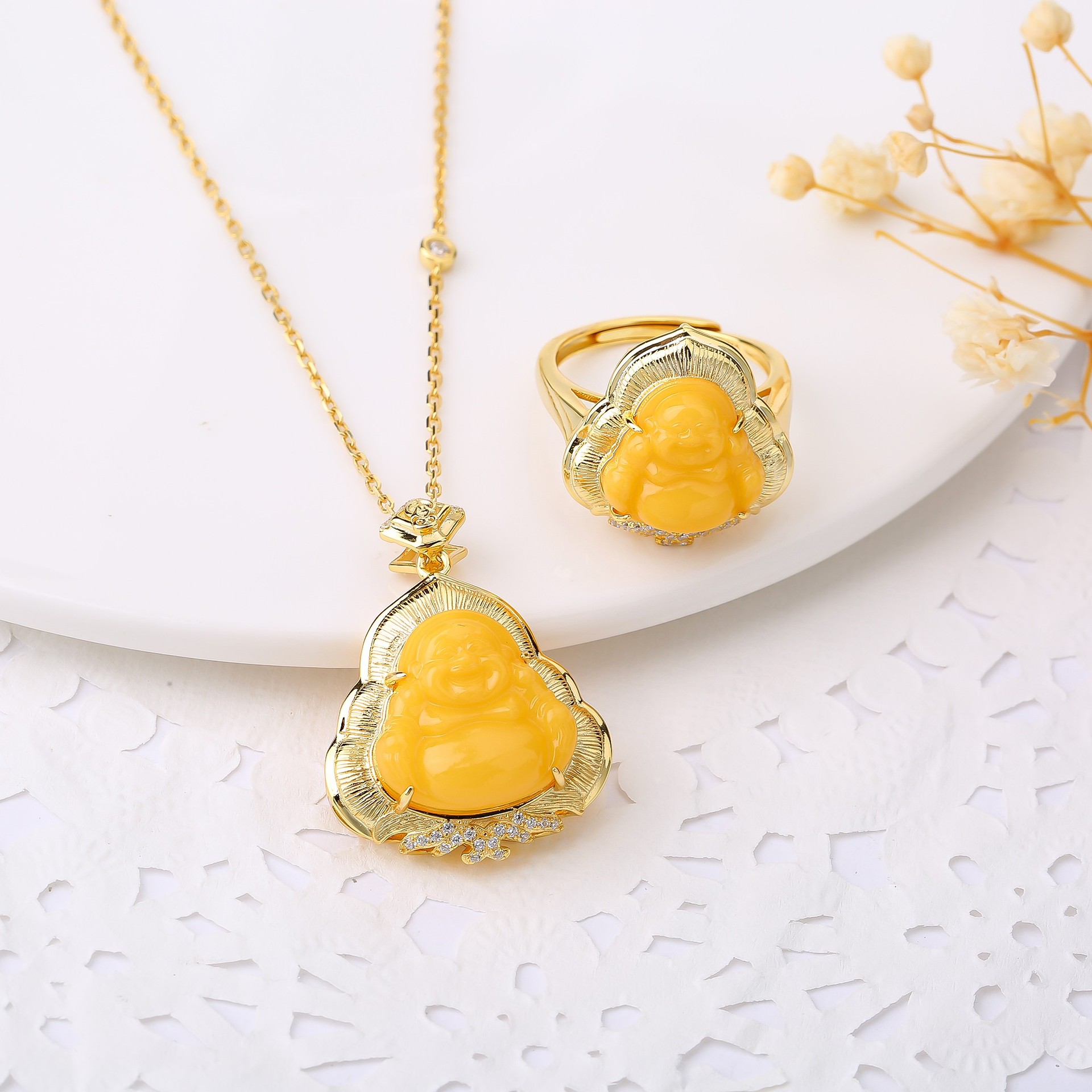 S925 серебро натуральный русский старый пчелиный воск подвеска янтарь китайский стиль простой матовый комплект с Буддой Майтрейя