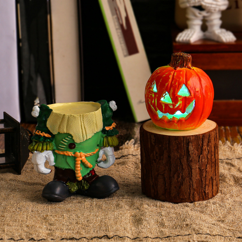 Halloween Led Light Pumpkin Knight Desktop Ornaments Decorative Luminous Small Pumpkin Head Ghost Resin Courtyard Decoration